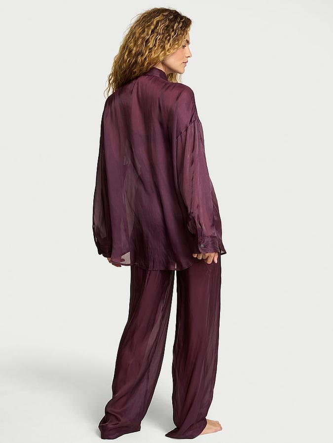 Luxe Sheer Satin Button-Front Long Pajama Set image number 1