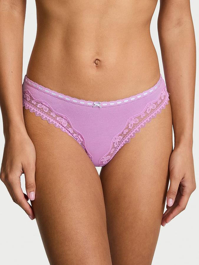 Cotton Bow Lace-Trim Thong Panty