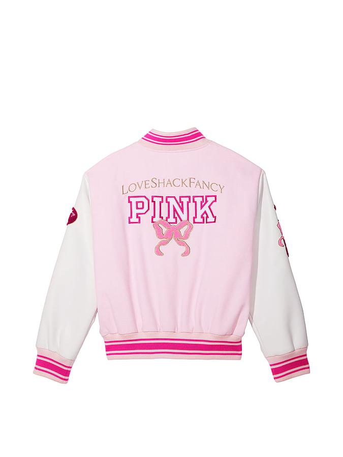PINK x LoveShackFancy Reissued Boyfriend Varsity Jacket image number 3