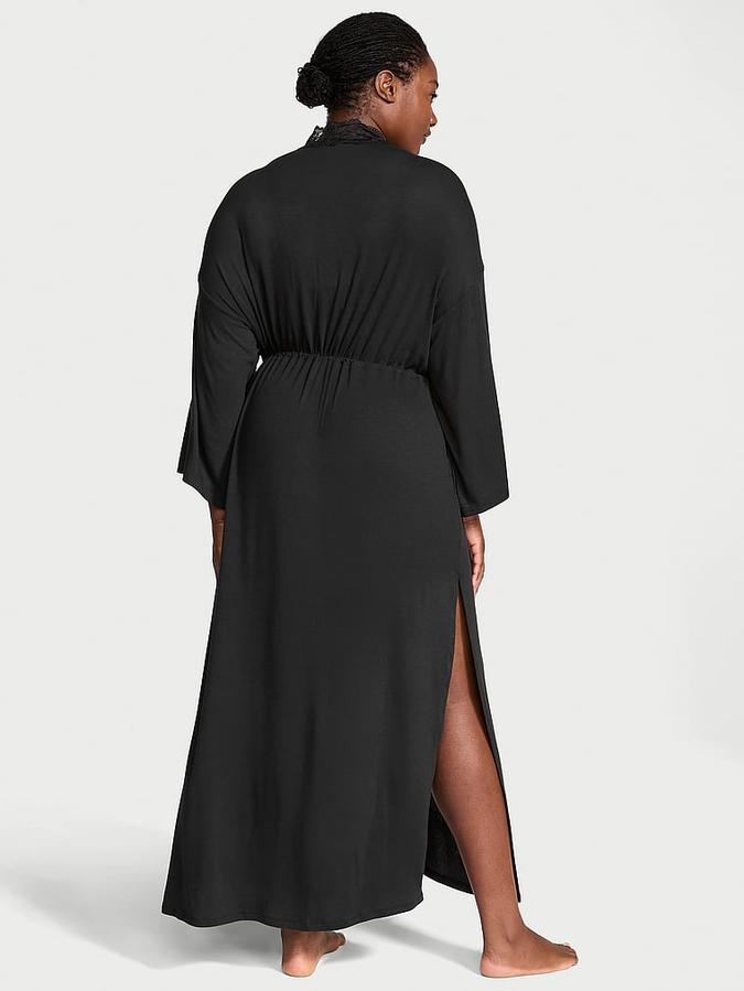 Ribbed Modal Lace-Trim Long Robe image number 1
