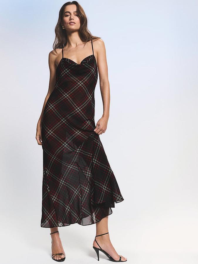 Chiffon Tartan Draped Maxi Slip Dress image number 2