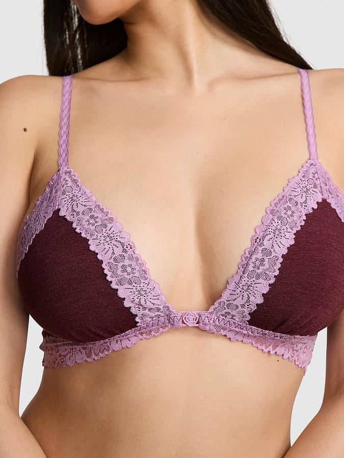 Cotton Lace-Trim Front-Close Triangle Bralette image number 3