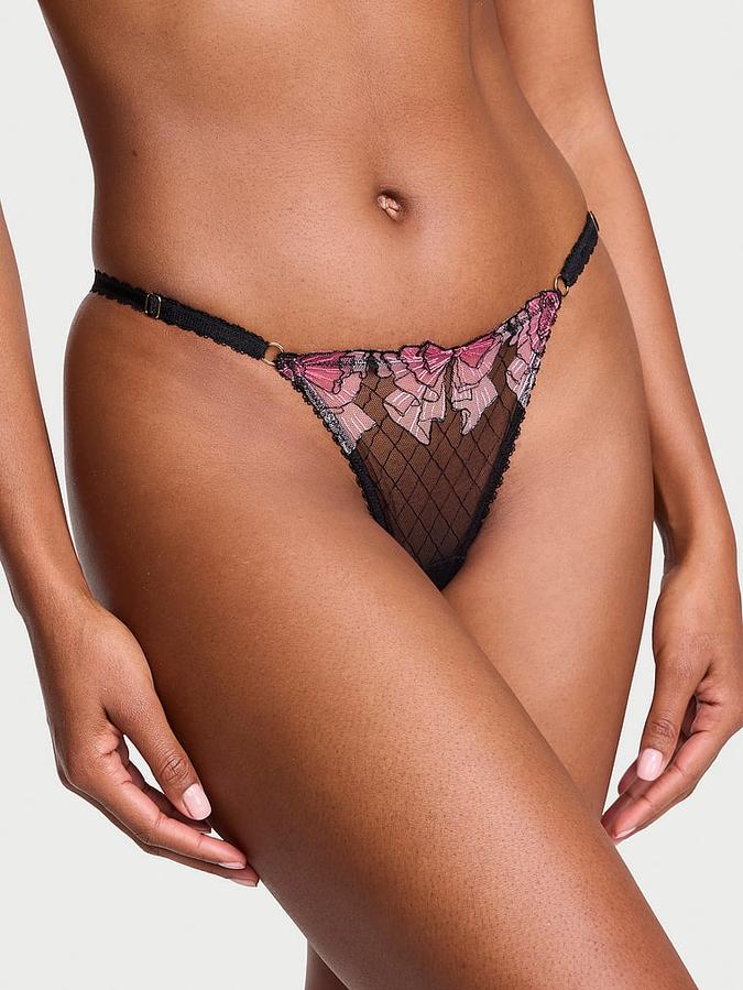 Tease Bow Embroidery Adjustable String Thong Panty