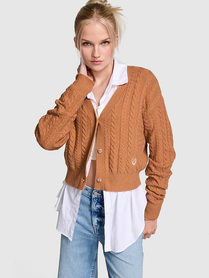 Collegiate Cable-Knit Cropped Cardigan image number 0