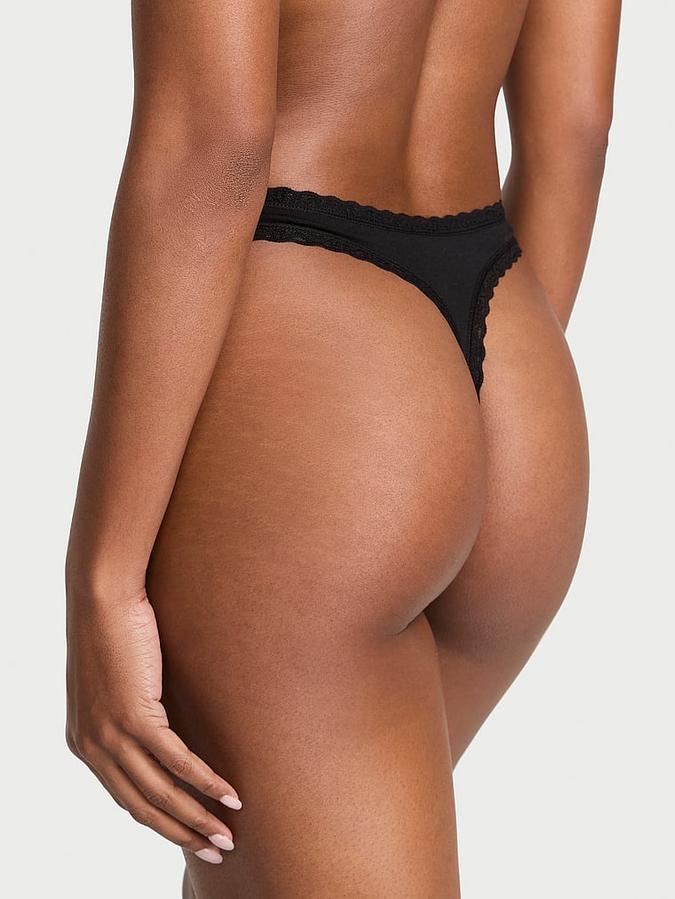 Stretch Cotton Lace-Waist Thong Panty image number 1