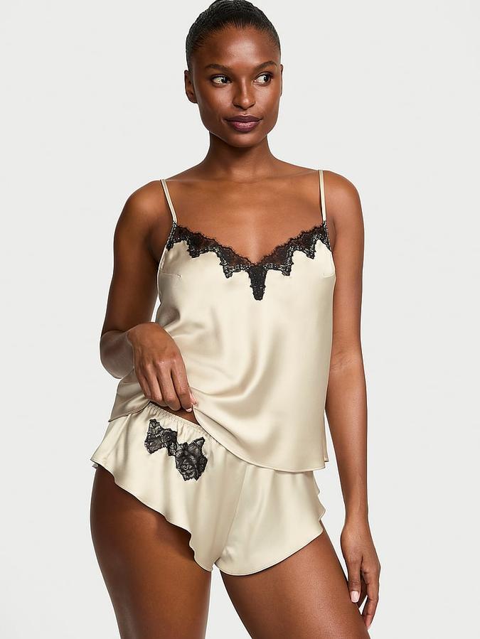 Satin Rose Lace-Trim Cami & Flutter Short Set