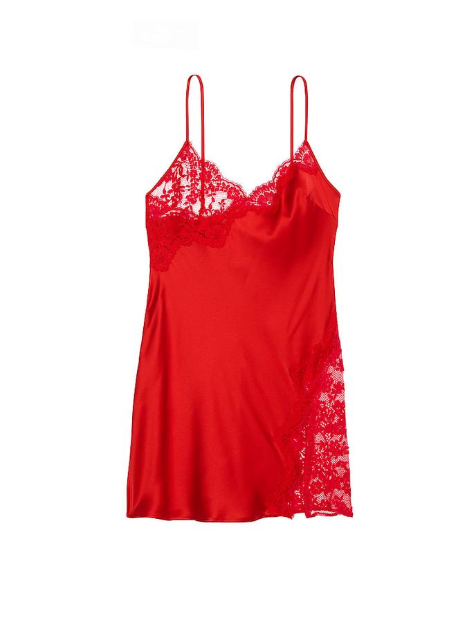 Satin Rose Lace-Trim Asymmetric Slip Dress image number 2