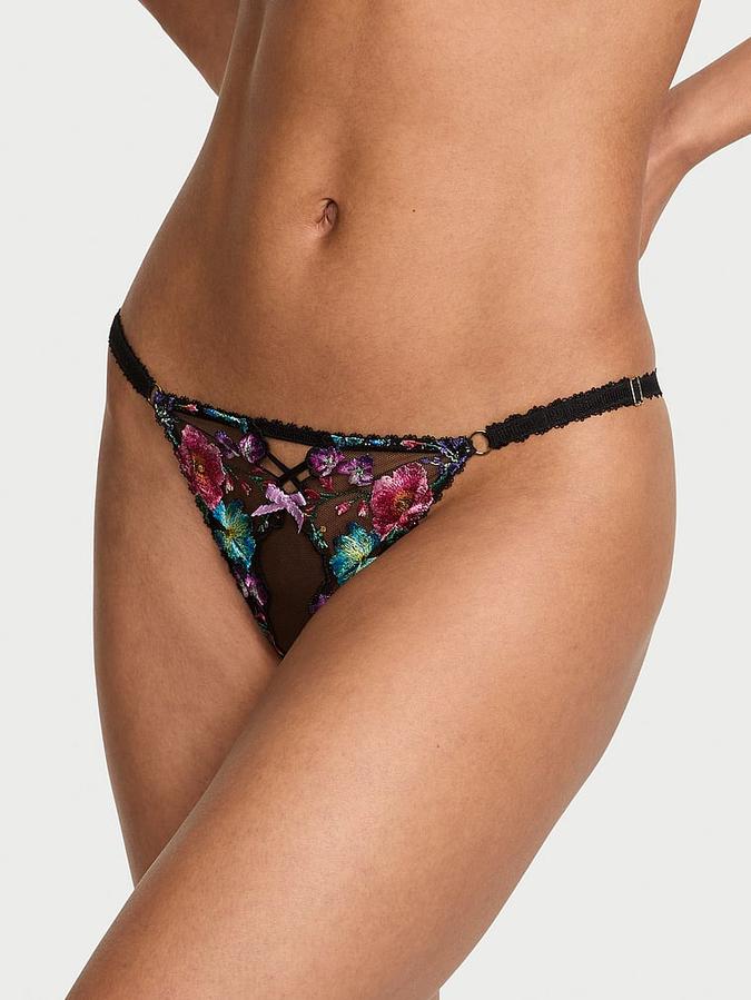 Dark Blossom Embroidery Crotchless Adjustable String Bikini Panty image number 0
