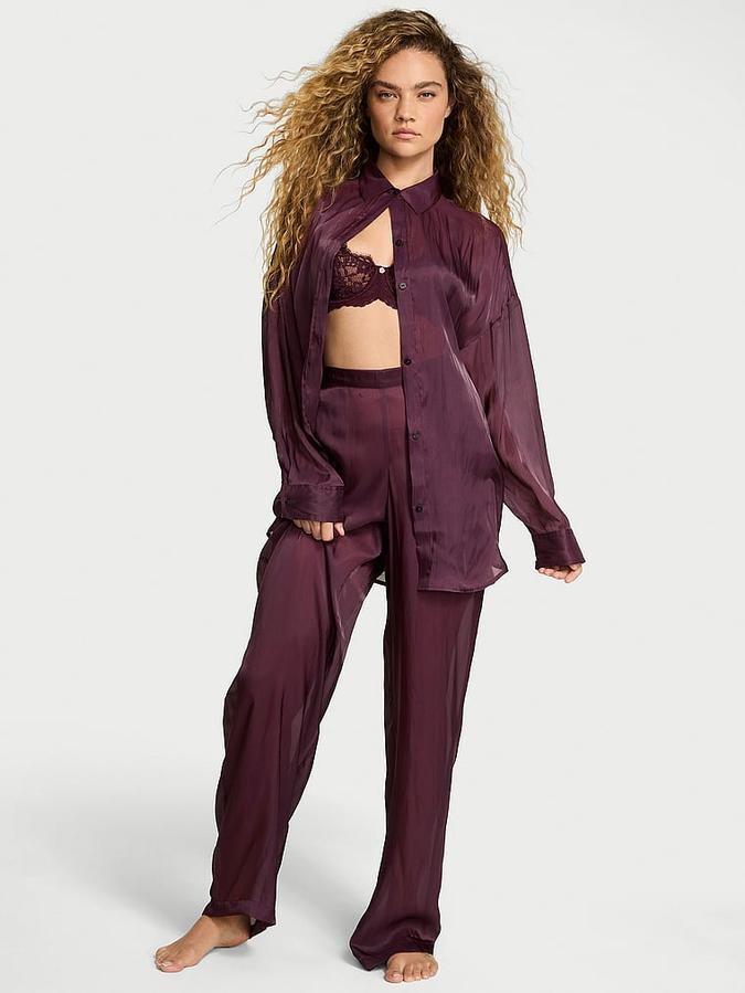 Luxe Sheer Satin Button-Front Long Pajama Set image number 0