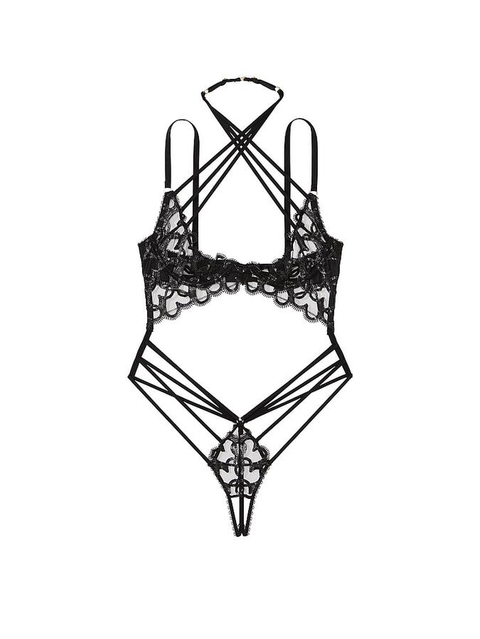 Shimmer Heart Embroidery Open-Cup Strappy Crotchless Playsuit image number 2