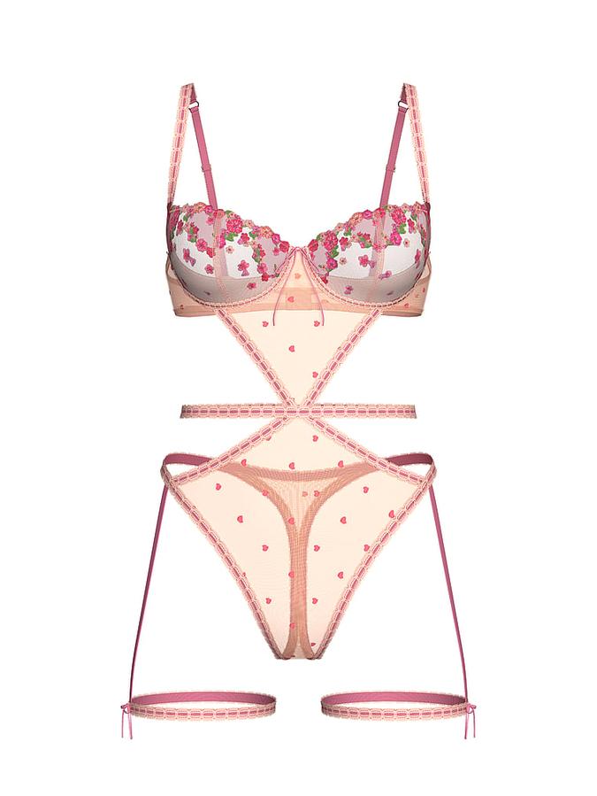 Wicked Unlined Hearts & Roses Embroidery Garter Teddy image number 2