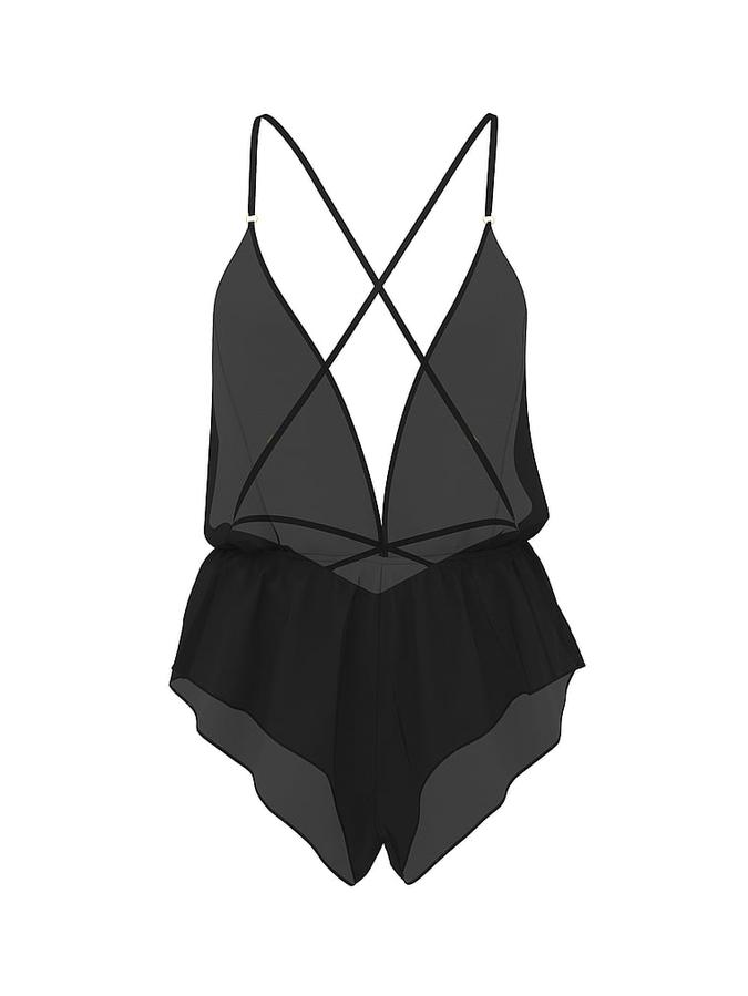 Chiffon Plunge Lace-Up Flutter Romper image number 2