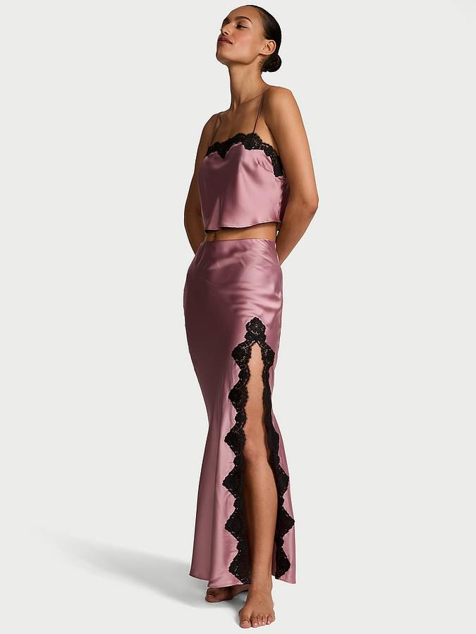 Satin Lace-Trim Cropped Top & Slip Skirt Set image number 0