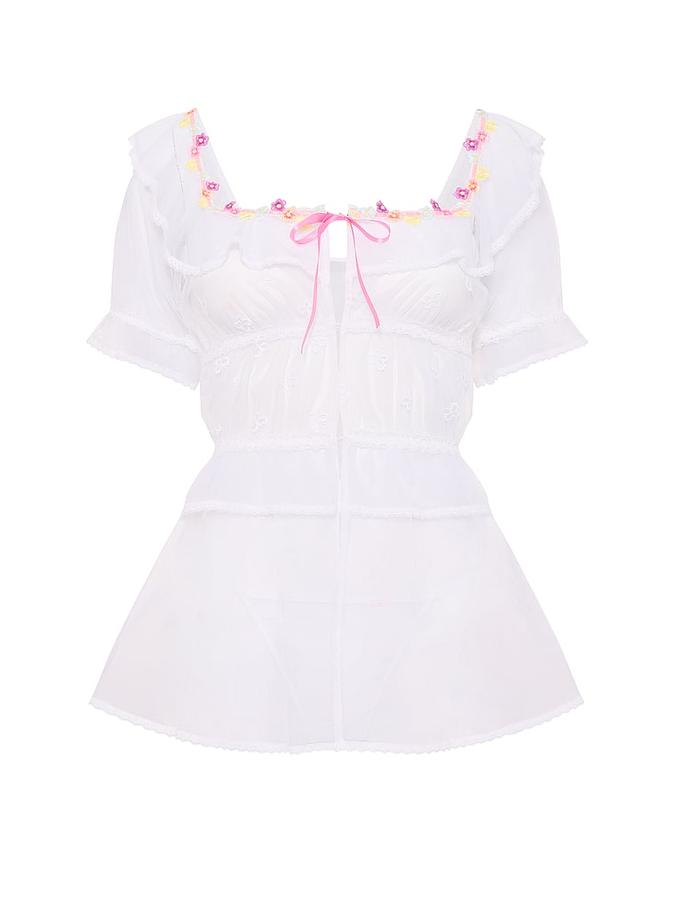 Butterflies Embroidery Tulle Short-Sleeve Babydoll Set image number 2