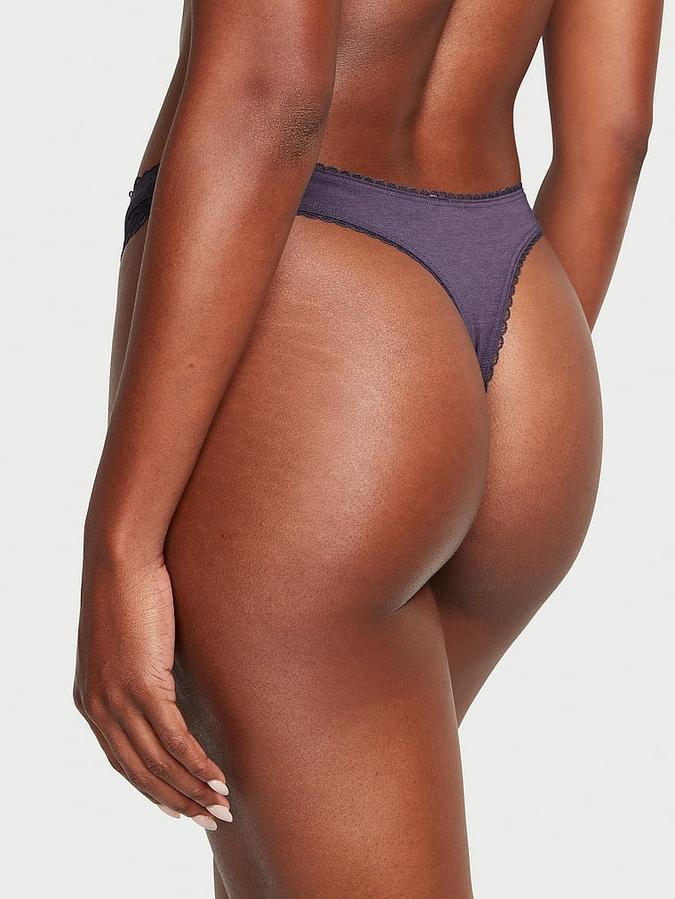 Stretch Cotton Lace-Trim High-Leg Scoop Thong Panty image number 1