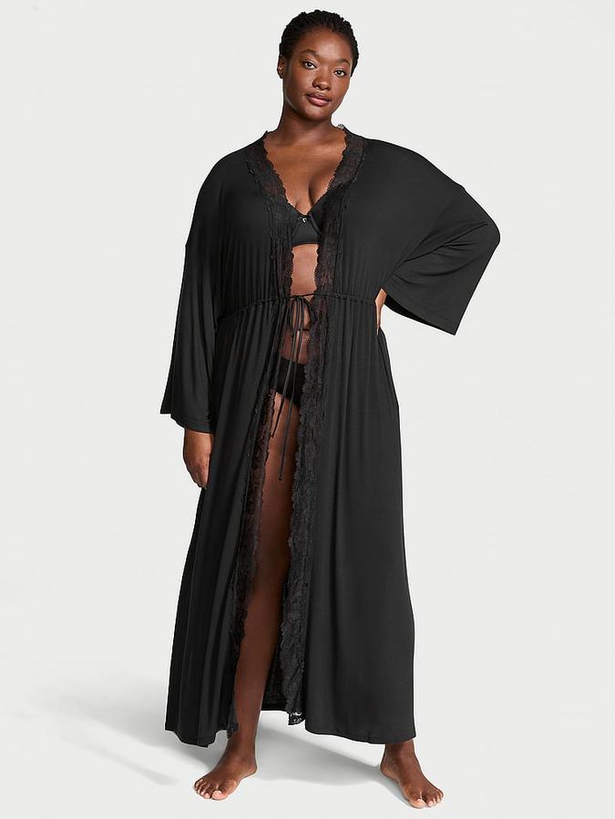 Ribbed Modal Lace-Trim Long Robe image number 0