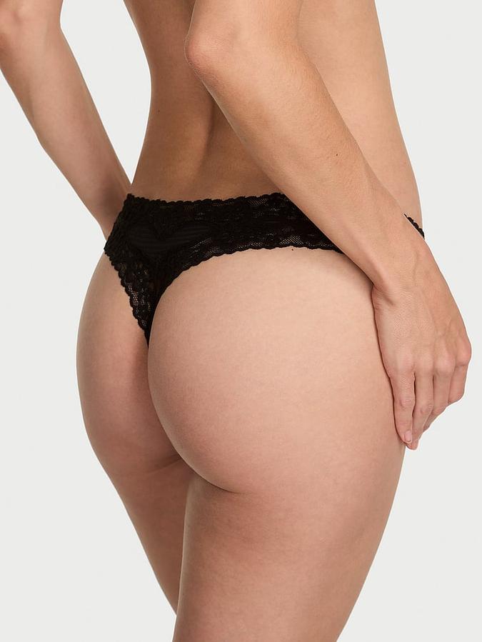 Cotton Shadow Stripe Lace-Waist Thong Panty