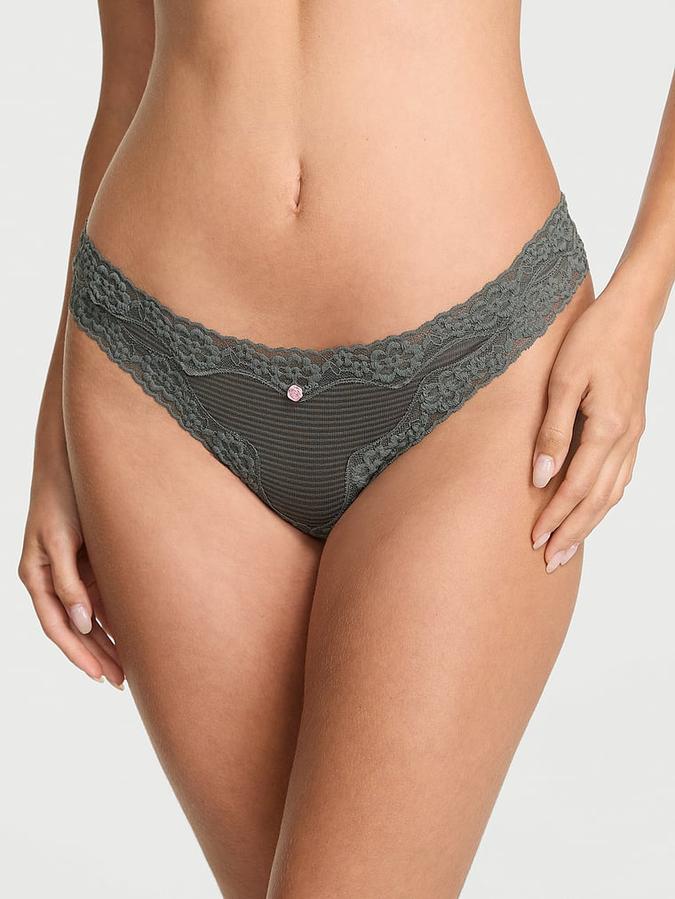 Cotton Shadow Stripe Lace-Waist Thong Panty