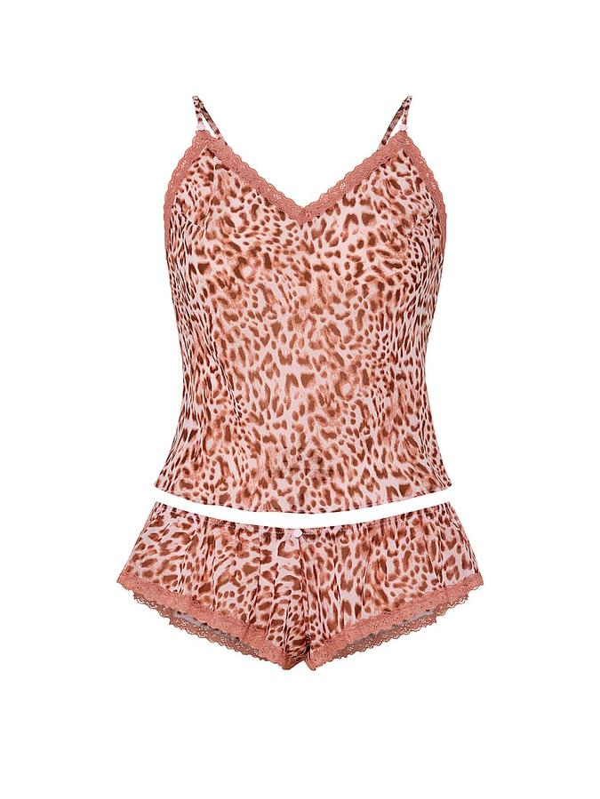 Leopard Chiffon Lace-Trim Cami & Flutter Shorts Set image number 2