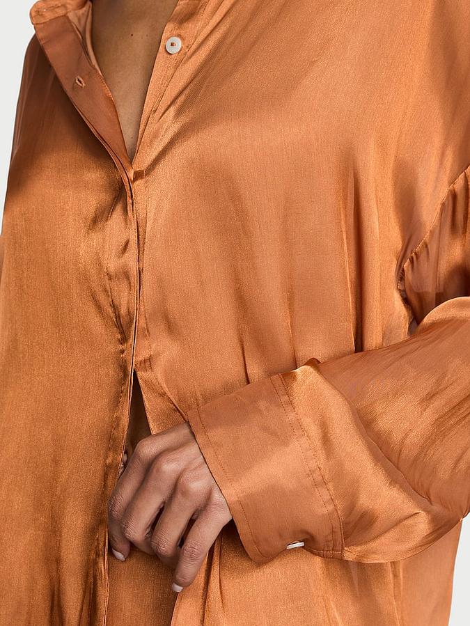 Luxe Sheer Satin Button-Front Long Pajama Set image number 3