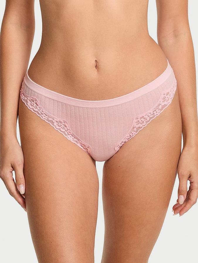 Seamless Rib Lace-Trim Thong Panty image number 0