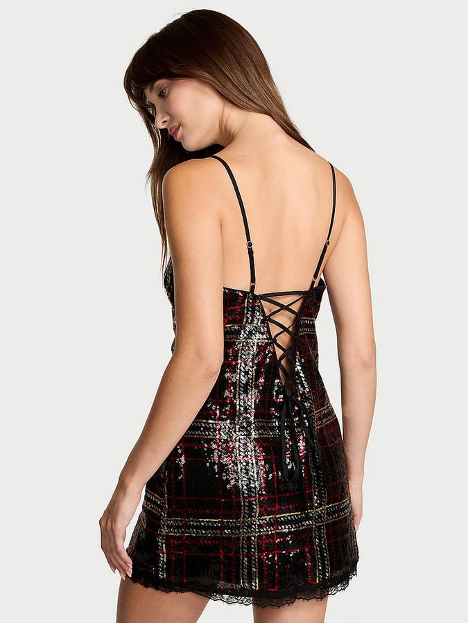 Sequin Tartan Short Slip Dress