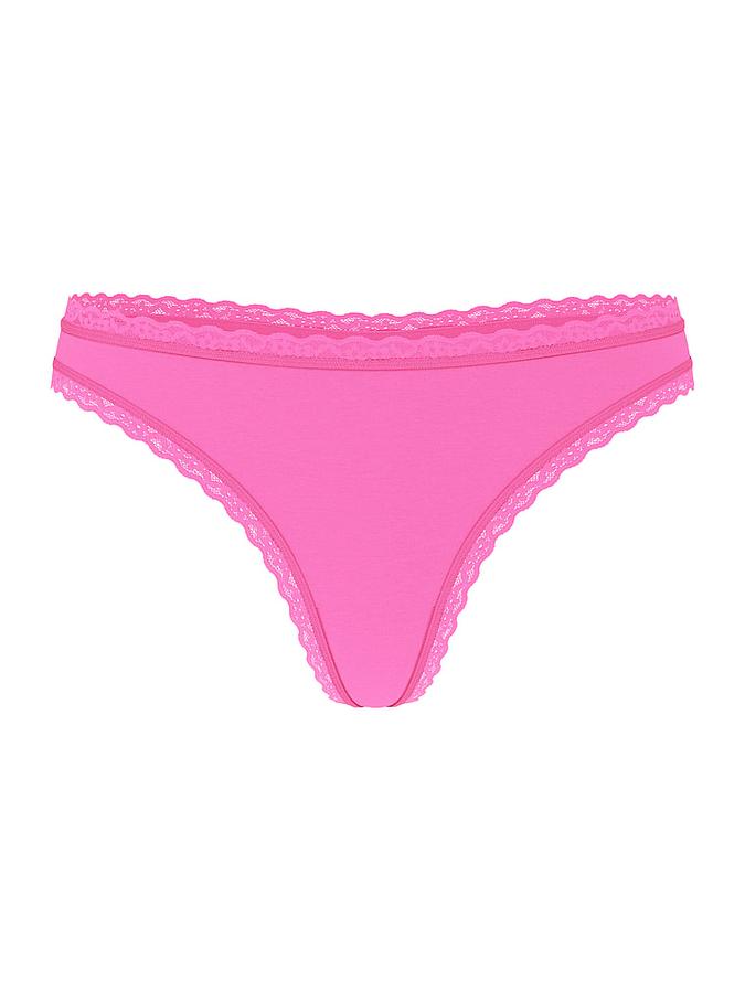 Stretch Cotton Lace-Waist Thong Panty image number 1