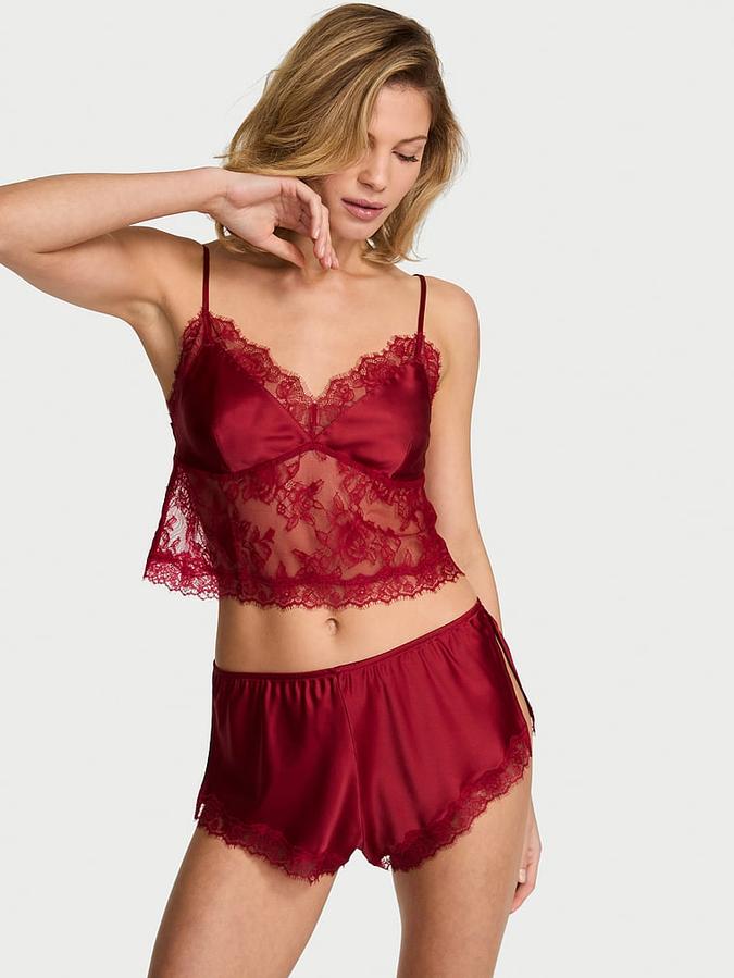 Satin Lace-Trim Cami & Flutter Short Set