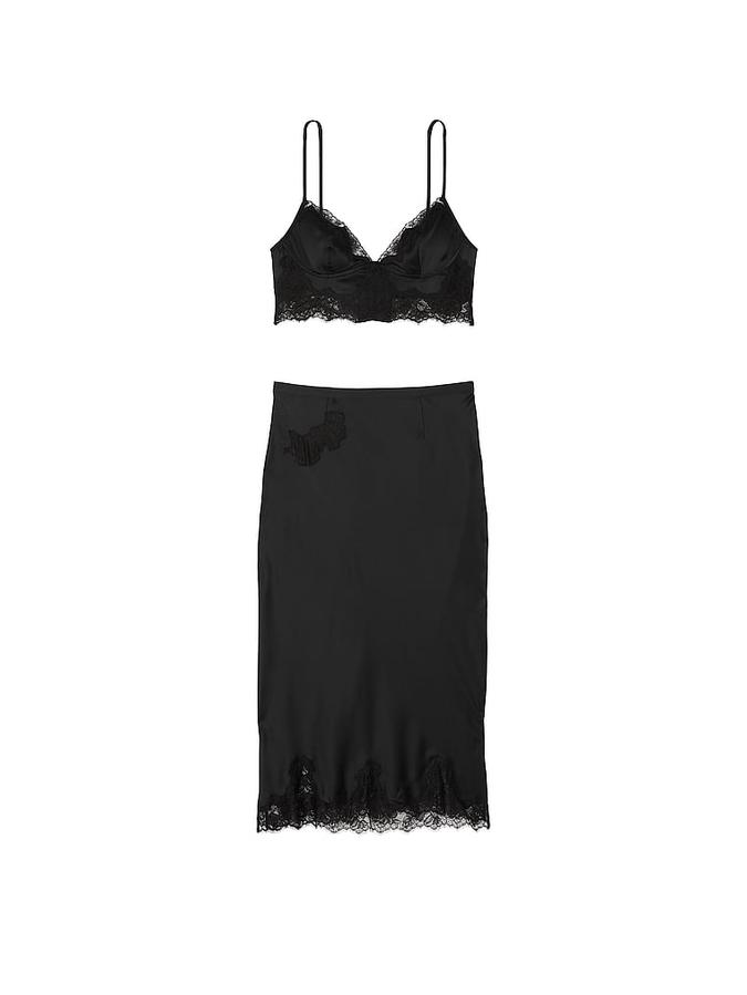 Satin Rose Lace-Trim Bralette & Midi Skirt Set image number 2